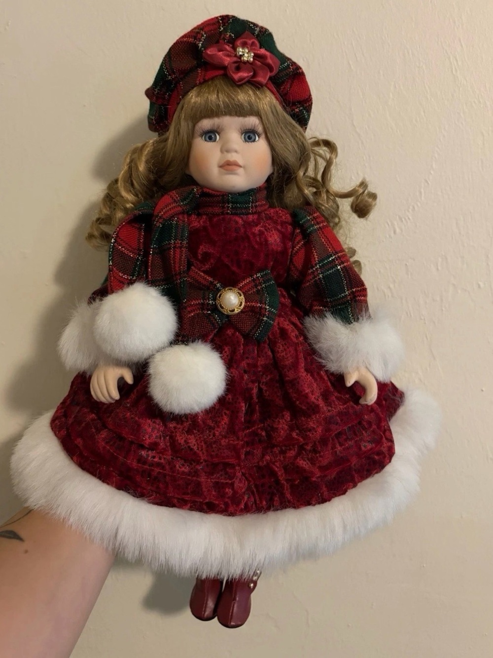 Classic Red Velvet Holiday Doll with Plaid Accents